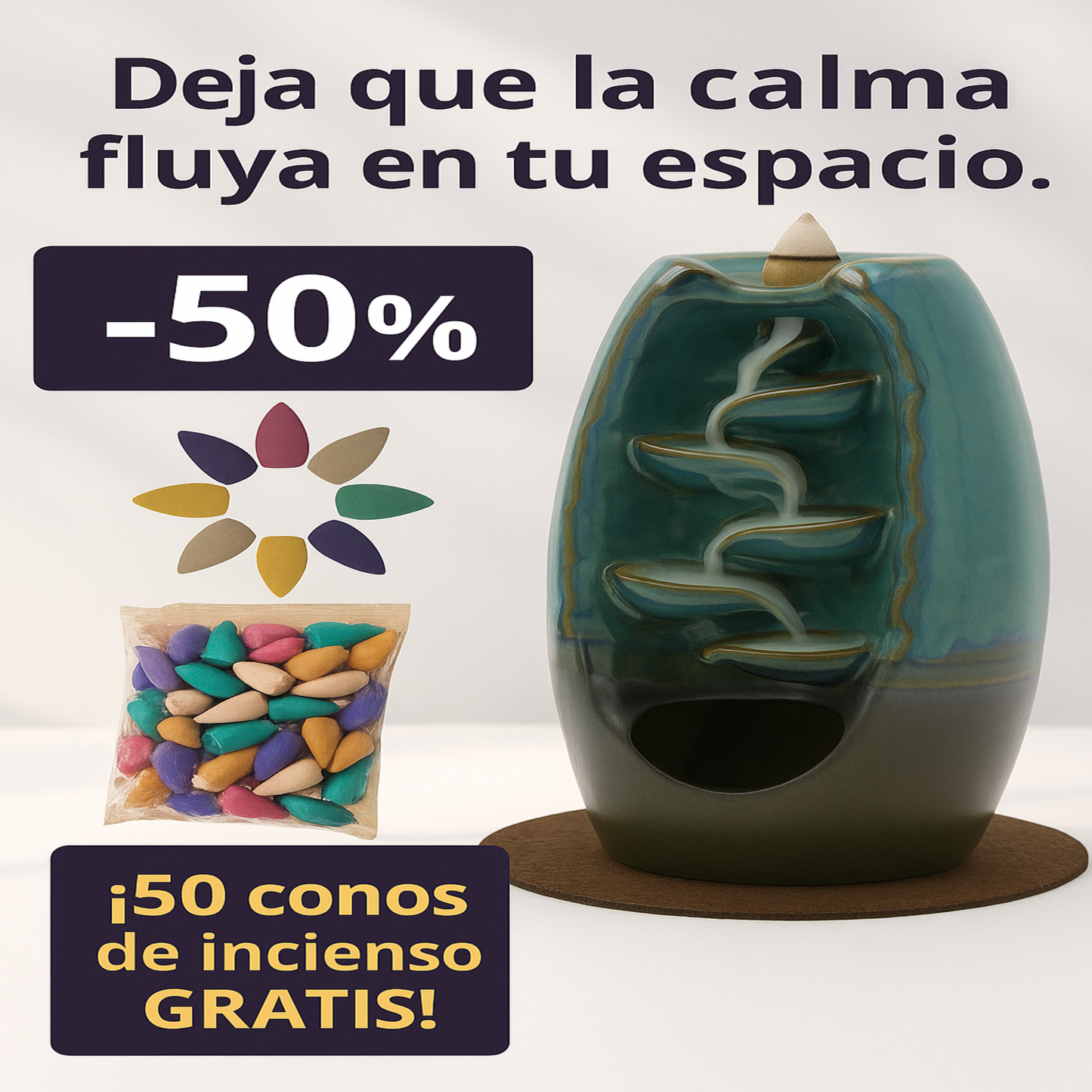 Quemador de Incienso en Cascada Serenity™ + 50 Conos de Incienso Aromáticos GRATIS