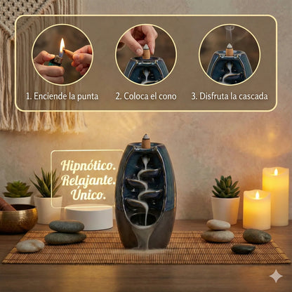 Quemador de Incienso en Cascada Serenity™ + 50 Conos de Incienso Aromático GRATIS